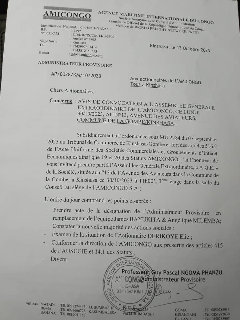 AMICONGO : AVIS DE CONVOCATION DE L’ASSEMBLÉE GÉNÉRALE EXTRAORDINAIRE LE LUNDI 31 OCTOBRE 2023
